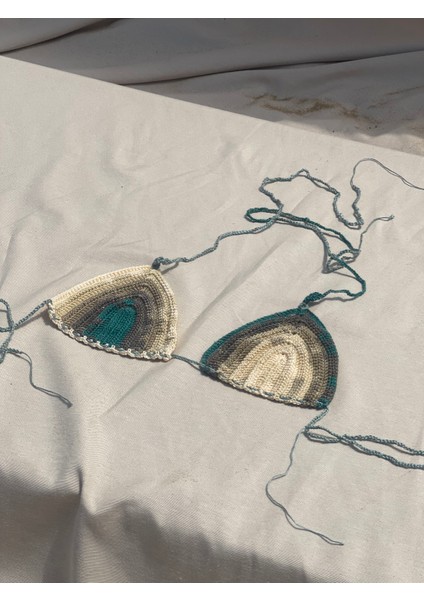 El Örgüsü Bej Yeşil Üçgen Bikini Üstü modelleri