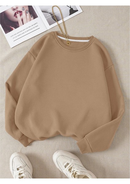 Kadın Düz Bisiklet Yaka Sweatshirt