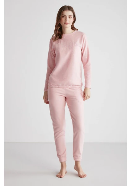 U.S. Polo Assn. 16960 Kadın Pembe Yuvarlak Yaka Uzun Kollu Pijama Takımı -Pembe