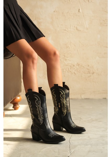 Kadın Delmar Kovboy Deri Çizme - Siyah