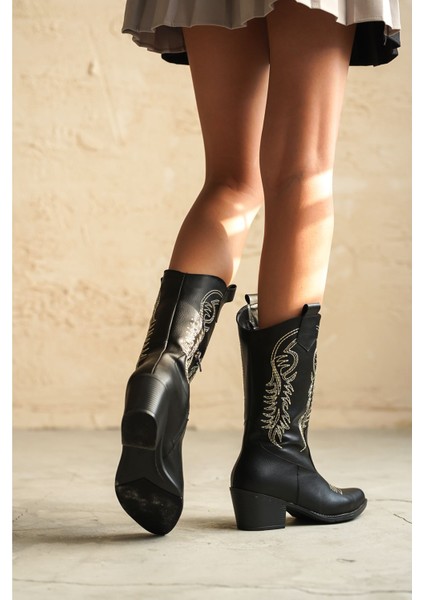 Kadın Delmar Kovboy Deri Çizme - Siyah indirimleri