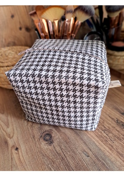 El Yapımı Makyaj Çantası - Fermuarlı Kozmetik Organizer - Seyahat Tipi Kılıf Bakım El Çantası - Açık Kahve