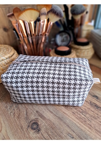 El Yapımı Makyaj Çantası - Fermuarlı Kozmetik Organizer - Seyahat Tipi Kılıf Bakım El Çantası - Açık Kahve