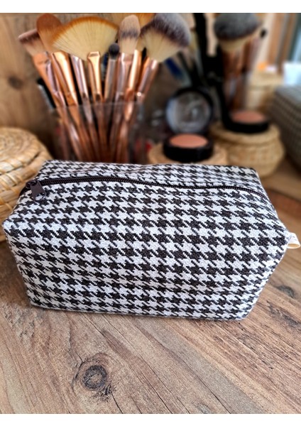 El Yapımı Makyaj Çantası - Fermuarlı Kozmetik Organizer - Seyahat Tipi Kılıf Bakım El Çantası - Koyu Kahve