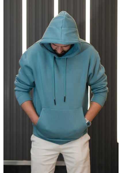 Kapşonlu 3 İplik Kalın İçi Polarlı Oversize Kangru Cepli Erkek Sweatshirt