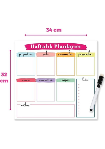 2 Adet Haftalık Menü Planlayıcı Magnet Mıknatıslı Yazı Tahtası Pano ve 6 Adet Kalem