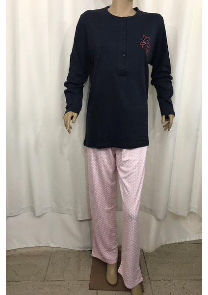 14854-Kadın Uzun Kollu Alt Puantiyeli Orta Kalın Pijama Takımı-Lacivert indirimleri