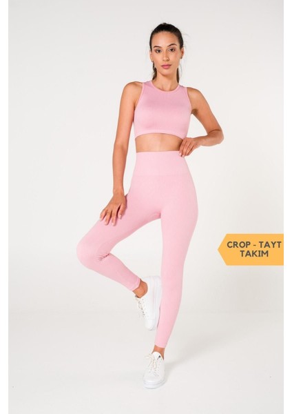 Toparlayıcı Dikişsiz Tayt-Crop Top Fitilli Büstiyer Tayt Crop Top Takım Pembe