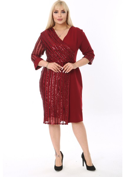 Kadın Büyük Beden Bordo kol ve Ön Pul Payet Garnili Midi Boy Abiye Elbise fiyatları
