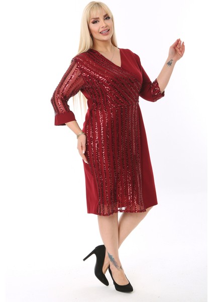 Kadın Büyük Beden Bordo kol ve Ön Pul Payet Garnili Midi Boy Abiye Elbise modelleri