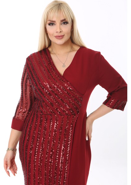 Kadın Büyük Beden Bordo kol ve Ön Pul Payet Garnili Midi Boy Abiye Elbise indirimleri