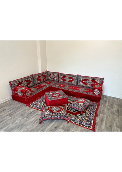 Şark Köşesi Saraylı Desenli Minder, Kilim, Orta Puf Takımı Konsept Kırmızı