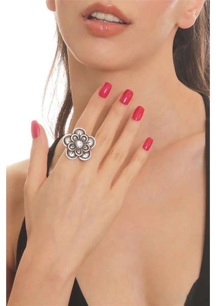 Kadın Antik Gümüş Kaplama Zirkon Taşlı Ayarlanabilir Çiçek Yüzük fiyatları