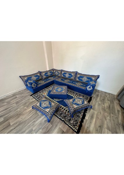 Şark Köşesi Saraylı Desenli Minder, Kilim, Orta Puf Takımı Mavi