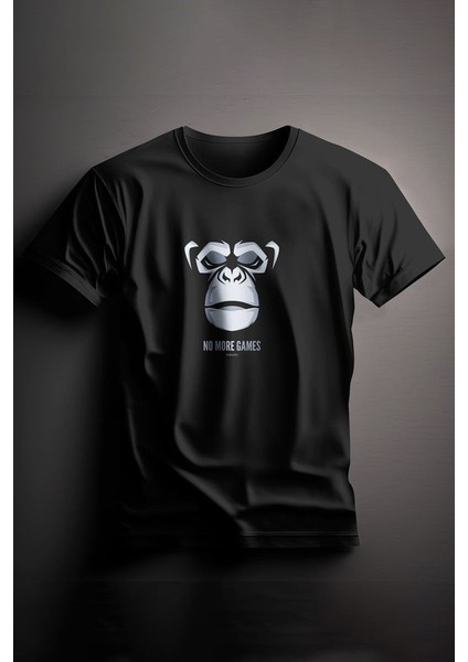 Unisex Baskılı Siyah Tişört Monkey No More Games L
