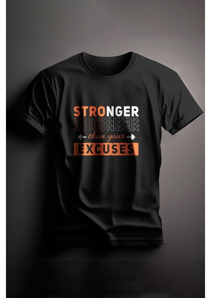 Unisex Baskılı Siyah Tişört Stronger L