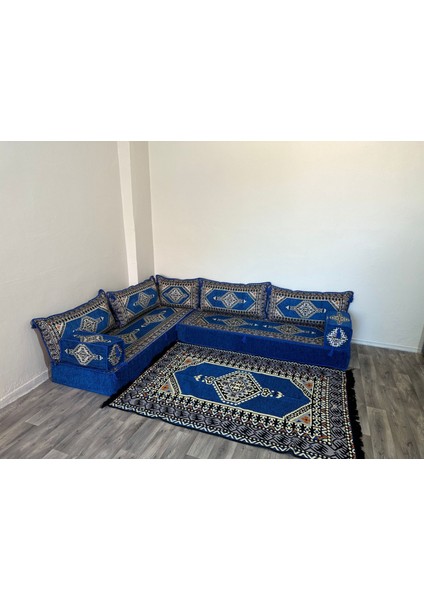 Şark Köşesi Minderi Saraylı Desenli Minder, Kilim Takımı Konsept Mavi