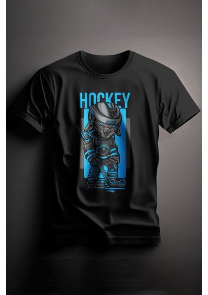 Unisex Baskılı Siyah Tişört Hockey L