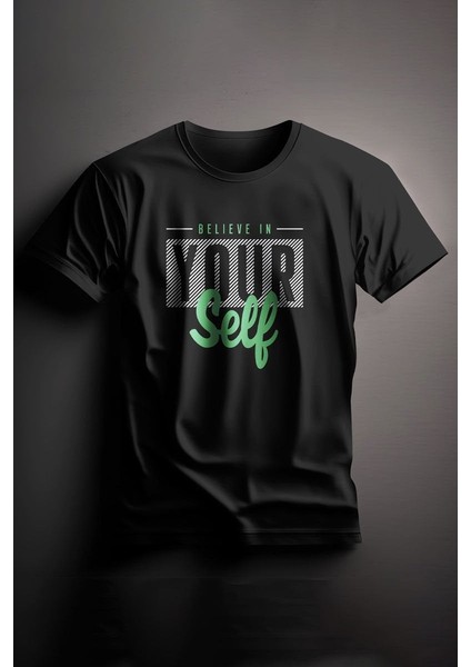 Unisex Baskılı Siyah Tişört Your Self Xl