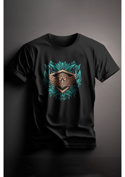 Unisex Baskılı Siyah Tişört Owl S