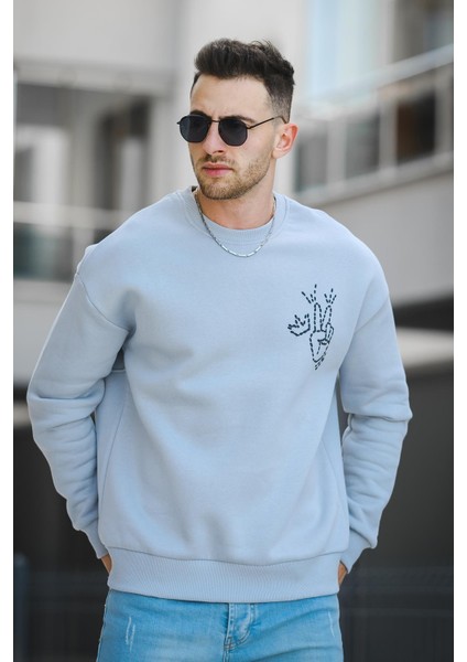 Trc 2719 Üç İplik Şardonlu Sırt Baskılı Bisiklet Yaka Oversize Erkek Sweatshirt