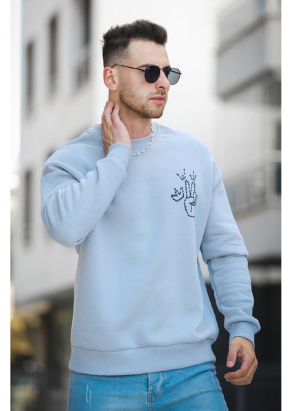 Trc 2719 Üç İplik Şardonlu Sırt Baskılı Bisiklet Yaka Oversize Erkek Sweatshirt