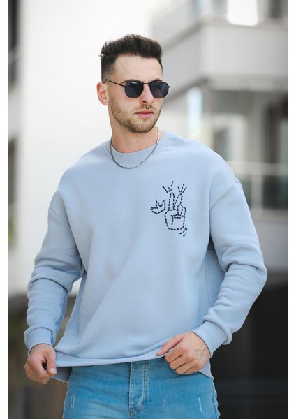 Trc 2719 Üç İplik Şardonlu Sırt Baskılı Bisiklet Yaka Oversize Erkek Sweatshirt