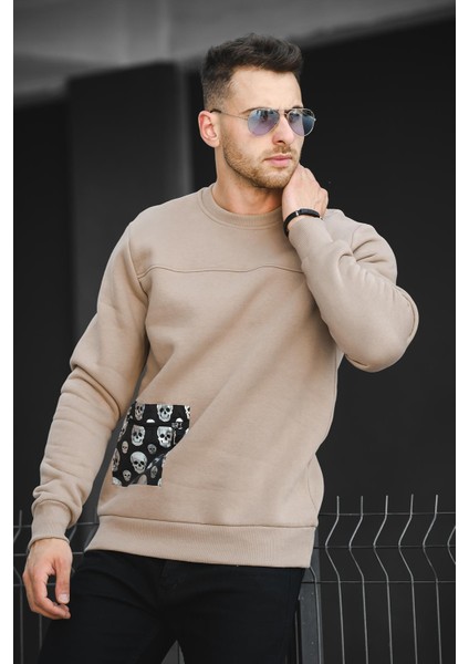 Trc 2173 Üç İplik Şardonlu Kuru Kafa Baskılı Cep Detaylı Erkek Sweatshirt