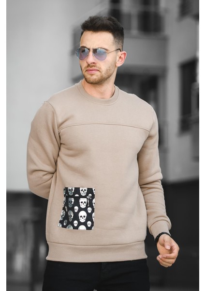 Trc 2173 Üç İplik Şardonlu Kuru Kafa Baskılı Cep Detaylı Erkek Sweatshirt modelleri