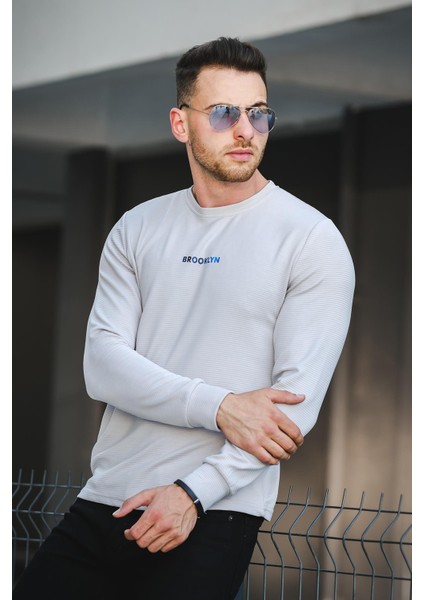 Gorry Brooklyn Baskılı Çizgili Slim Fit Likralı Erkek Sweatshirt