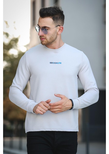 Gorry Brooklyn Baskılı Çizgili Slim Fit Likralı Erkek Sweatshirt