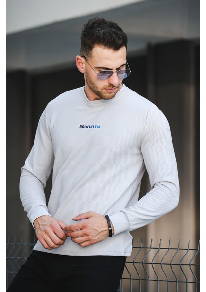 Gorry Brooklyn Baskılı Çizgili Slim Fit Likralı Erkek Sweatshirt