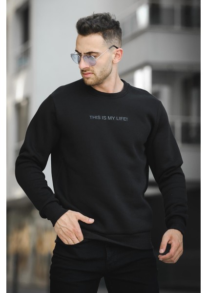 Trc 2737 Üç İplik Şardonlu Kabartma Baskılı Bisiklet Yaka Erkek Sweatshirt