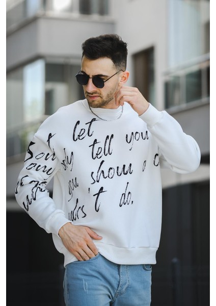 Trc 2715 Üç İplik Şardonlu Baskılı Bisiklet Yaka Oversize Erkek Sweatshirt
