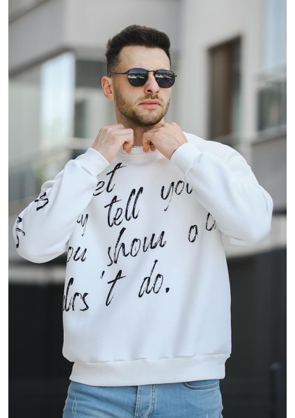 Trc 2715 Üç İplik Şardonlu Baskılı Bisiklet Yaka Oversize Erkek Sweatshirt