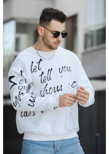 Trc 2715 Üç İplik Şardonlu Baskılı Bisiklet Yaka Oversize Erkek Sweatshirt