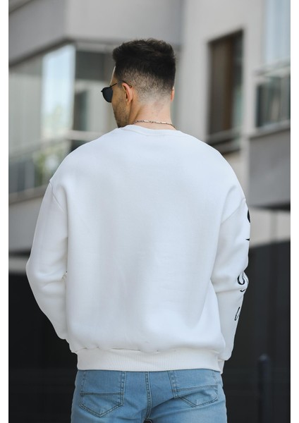 Trc 2715 Üç İplik Şardonlu Baskılı Bisiklet Yaka Oversize Erkek Sweatshirt