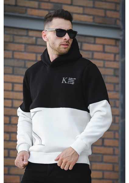 Kewin Üç İplik Şardonlu Baskılı Çift Renk Parçalı Kapüşonlu Erkek Sweatshirt
