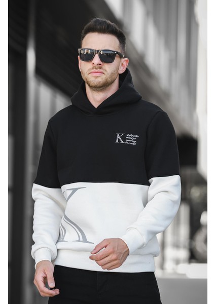 Kewin Üç İplik Şardonlu Baskılı Çift Renk Parçalı Kapüşonlu Erkek Sweatshirt