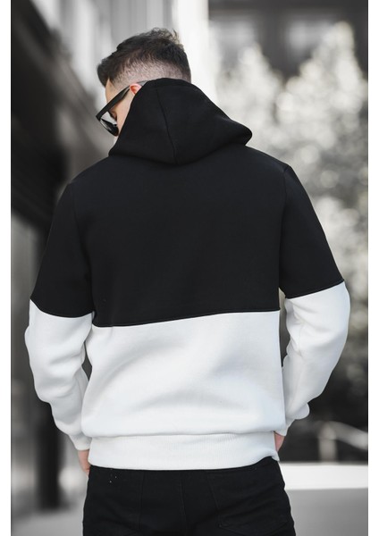 Kewin Üç İplik Şardonlu Baskılı Çift Renk Parçalı Kapüşonlu Erkek Sweatshirt
