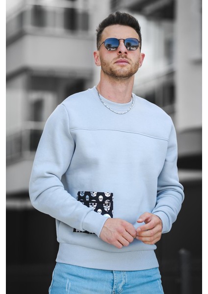 Trc 2173 Üç İplik Şardonlu Kuru Kafa Baskılı Cep Detaylı Erkek Sweatshirt