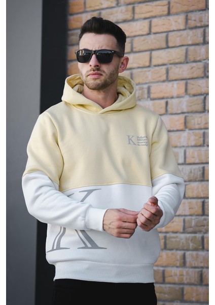 Kewin Üç İplik Şardonlu Baskılı Çift Renk Parçalı Kapüşonlu Erkek Sweatshirt