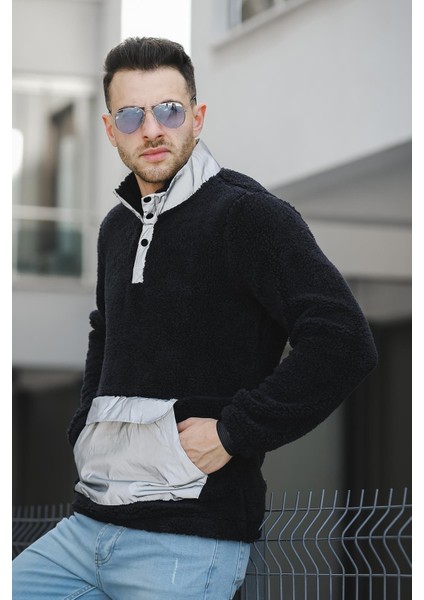 Demis Reflektör Detaylı Yarım Düğmeli Peluş Erkek Sweatshirt