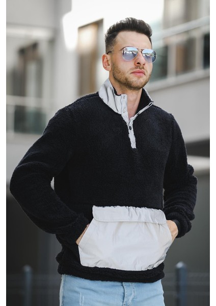 Demis Reflektör Detaylı Yarım Düğmeli Peluş Erkek Sweatshirt