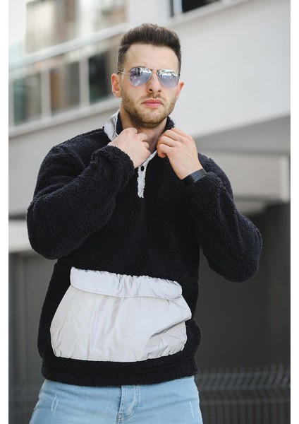 Demis Reflektör Detaylı Yarım Düğmeli Peluş Erkek Sweatshirt