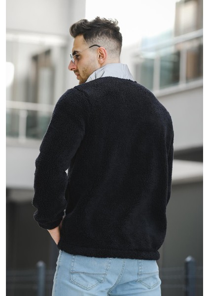 Demis Reflektör Detaylı Yarım Düğmeli Peluş Erkek Sweatshirt