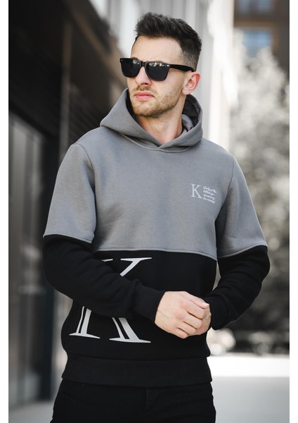 Kewin Üç İplik Şardonlu Baskılı Çift Renk Parçalı Kapüşonlu Erkek Sweatshirt