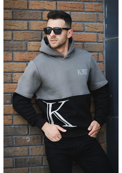 Kewin Üç İplik Şardonlu Baskılı Çift Renk Parçalı Kapüşonlu Erkek Sweatshirt