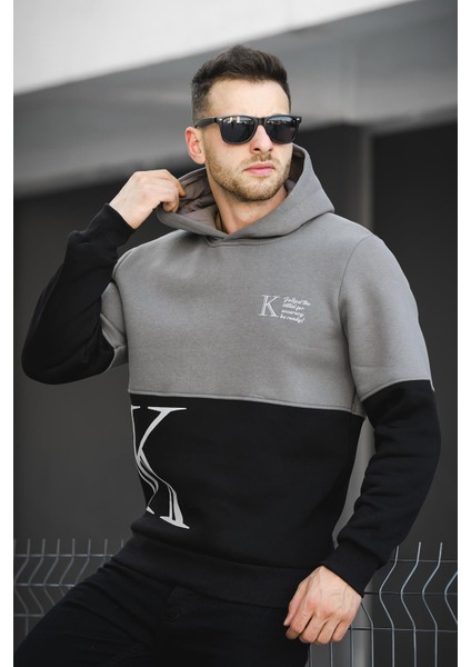Kewin Üç İplik Şardonlu Baskılı Çift Renk Parçalı Kapüşonlu Erkek Sweatshirt
