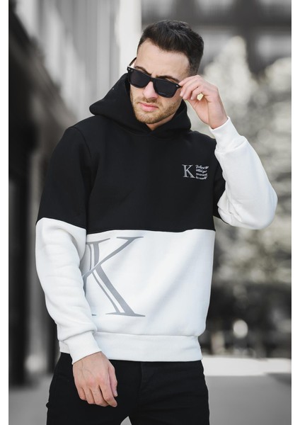 Kewin Üç İplik Şardonlu Baskılı Çift Renk Parçalı Kapüşonlu Erkek Sweatshirt